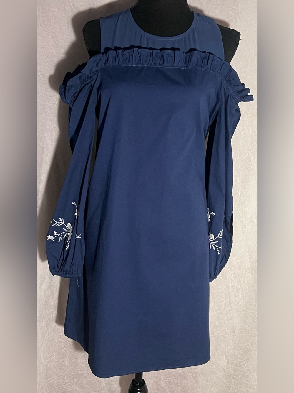 CeCe Navy Cold-Shoulder Long Sleeve Dress with White Embroidery